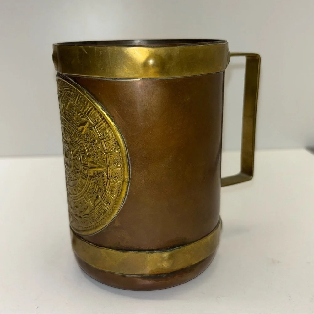 Vintage souvenir copper & brass Mayan Aztec sun god Mexican mug - Picture 2 of 8
